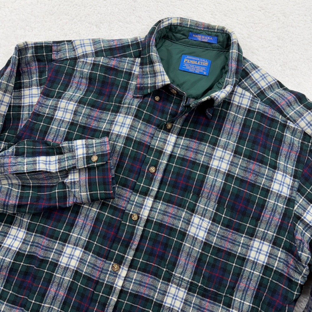 Pendleton Wool Plaid Shirt Mens Large Green Blue Vintage Made in USA Button Down